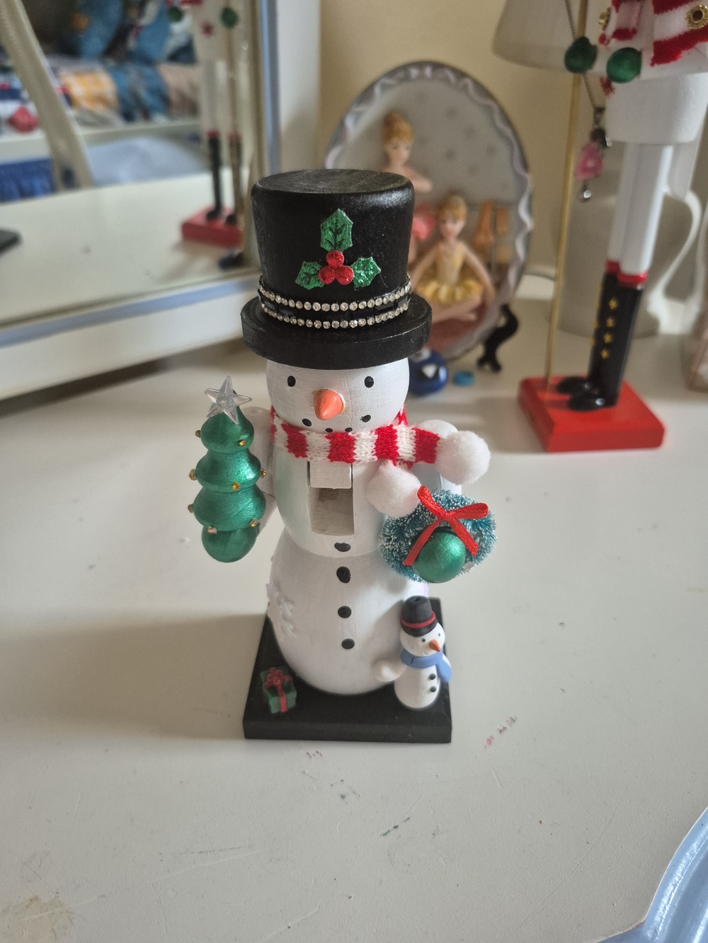 Festive White Snowman Nutcracker with Green Accents - Holiday Home Decor